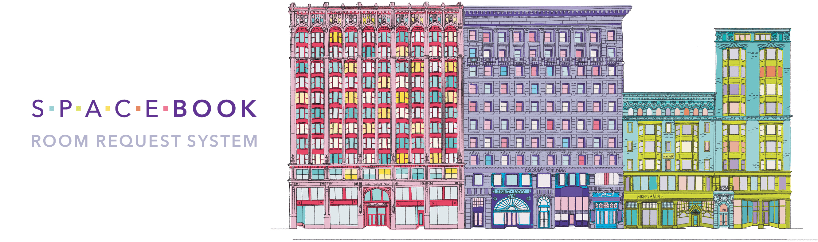 Colorful illustration of Emerson buildings along Boylston Street